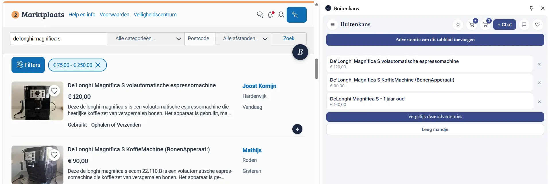 Zoekresultaten op Marktplaats met daarnaast het Buitenkans-paneel, waarin advertenties zijn bewaard om te vergelijken.