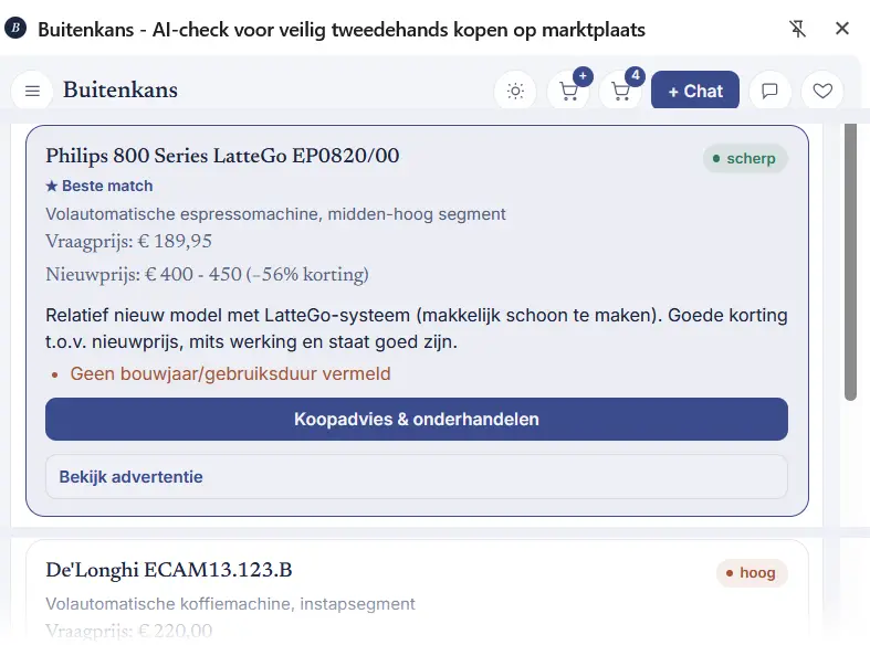 Het Buitenkans-paneel met een vergelijking van tweedehands advertenties, inclusief aandachtspunt en richtprijs.