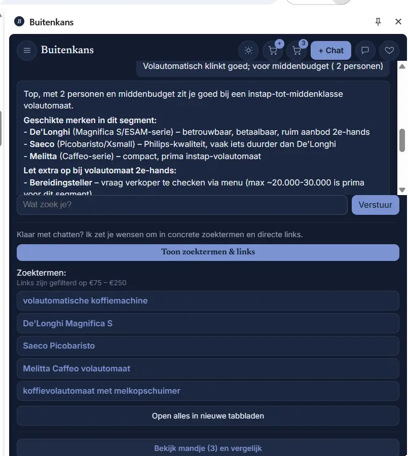 Het paneel toont een lijst kant-en-klare zoektermen met directe links naar Marktplaats.